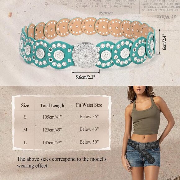 Women Vintage Disc Waist Concho Leather Belt Boho Waist Belt Green Silver Buckle main image 6